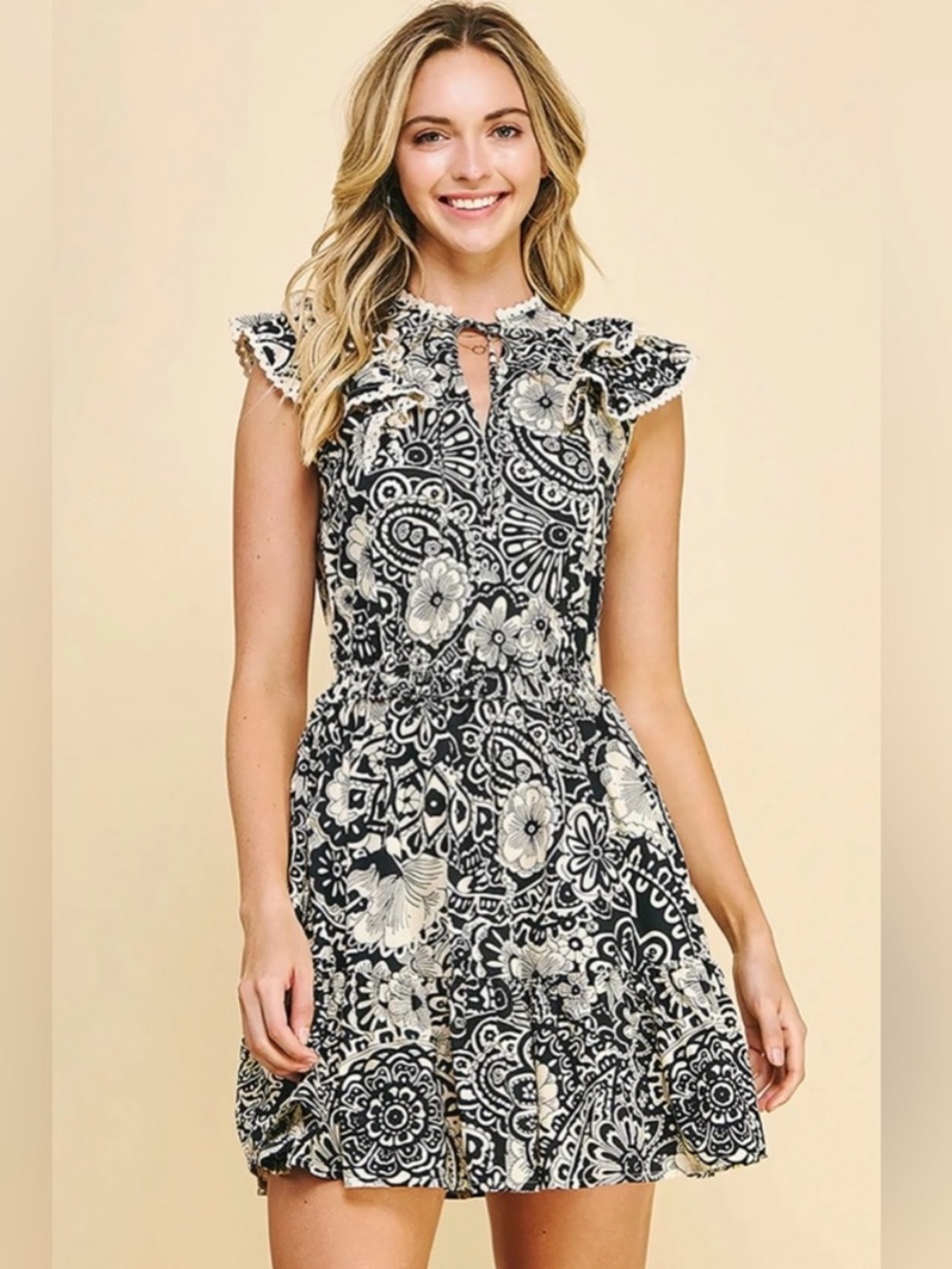 PINCH Quincie Floral Mini Dress Cream Black Size L Ruffle Crochet Cotton